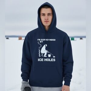 Gildan Dark Blue Ice Fishing Graphic Hoodie I’m Surrounded by Ice Holes XL